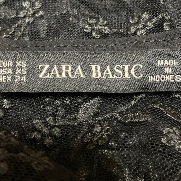 Zara Women's Black Floral Mesh Sheer Half Sleeve Pullover Blouse Top Size XS