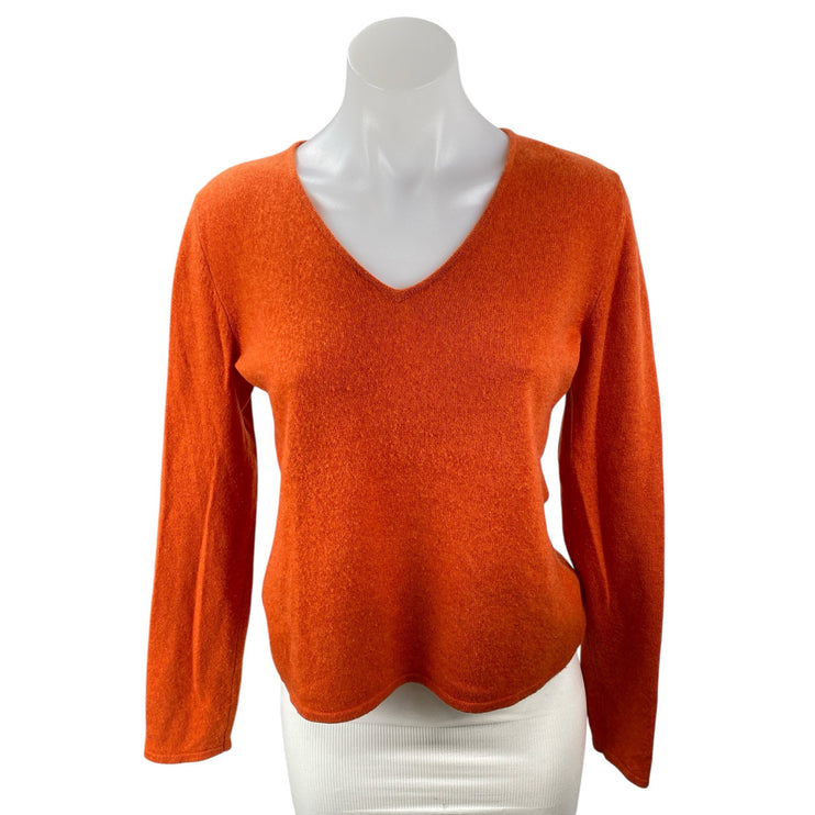 Lulu Bravo Women's 100% Cashmere Orange Coral V Neck Long Sleeve Sweater Top M