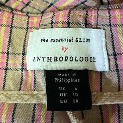 Anthropologie Essential Slim Tan Pink Plaid Checkered High Waist Trouser Pants 6