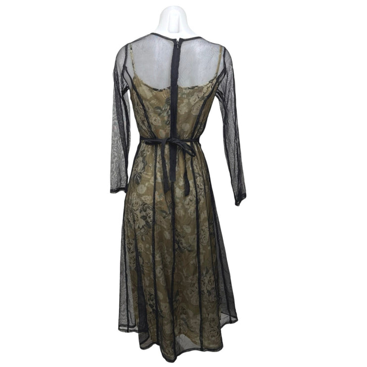 Vintage Karloza Black Beige Long Sleeve Mesh Overlay Floral A Line Maxi Dress 6