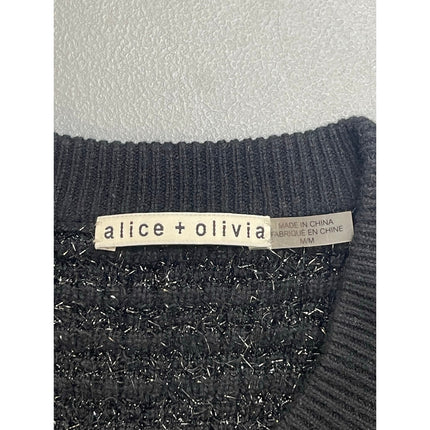 Alice + Olivia Akira Black Silver Beaded Bow 3/4 Sleeve Cardigan Sweater Top M