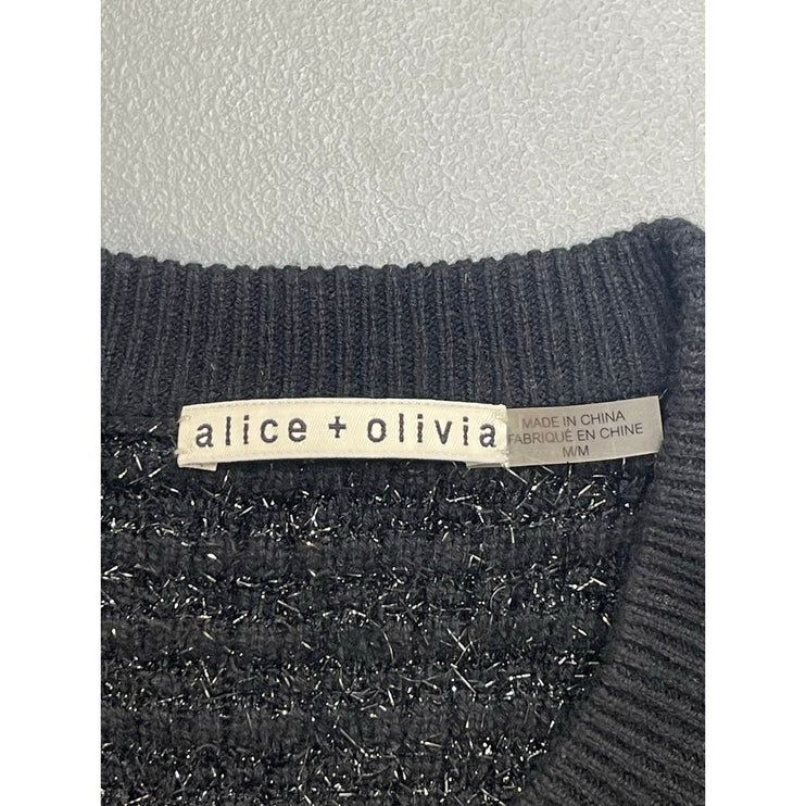 Alice + Olivia Akira Black Silver Beaded Bow 3/4 Sleeve Cardigan Sweater Top M