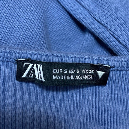 Zara Women's Blue Long Sleeve Ribbed Knit Ruched Tie Front Crop Top Size S