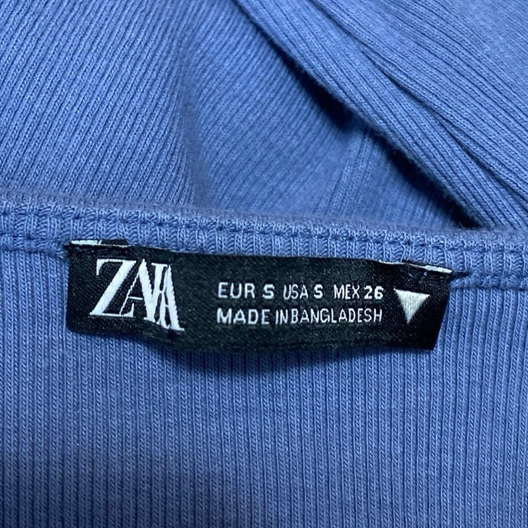 Zara Women's Blue Long Sleeve Ribbed Knit Ruched Tie Front Crop Top Size S