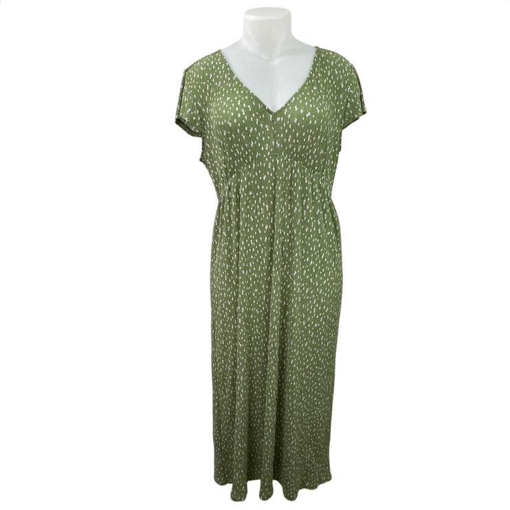 MNG Mango Green Floral Short Sleeve V Neck Empire A Line Maxi Dress Size 10