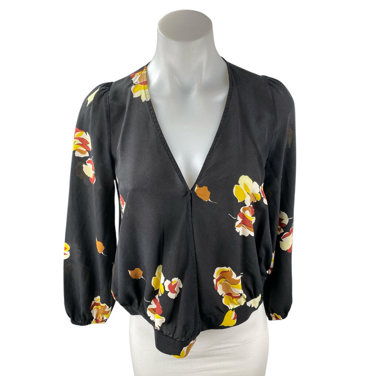 Madewell Black Floral 100% Silk Long Sleeve V Neck Cropped Blouse Top Size XS