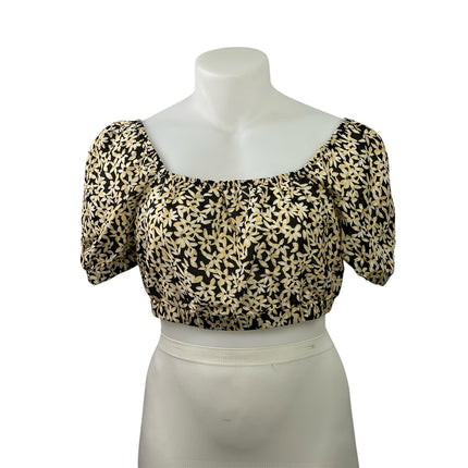 & Other Stories Women's Black Yellow Floral Short Puff Sleeve Blouse Crop Top L