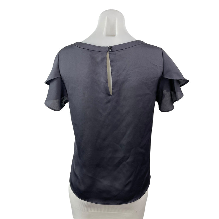 Banana Republic Black Silky Satin Flutter Sleeve Scoop Neck T-Shirt Blouse Top S