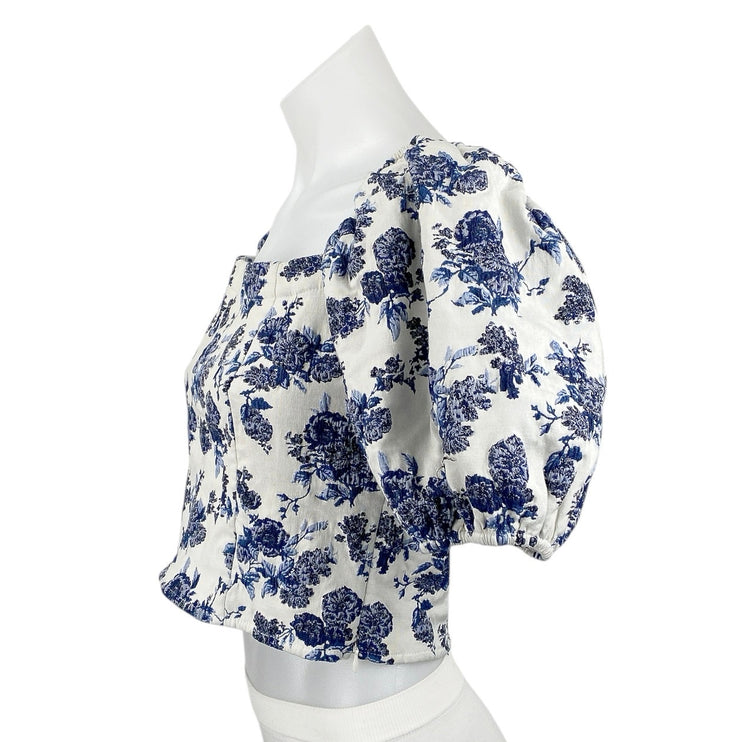Aqua Women's White Blue Floral Short Puff Sleeve Square Blouse Crop Top Size S