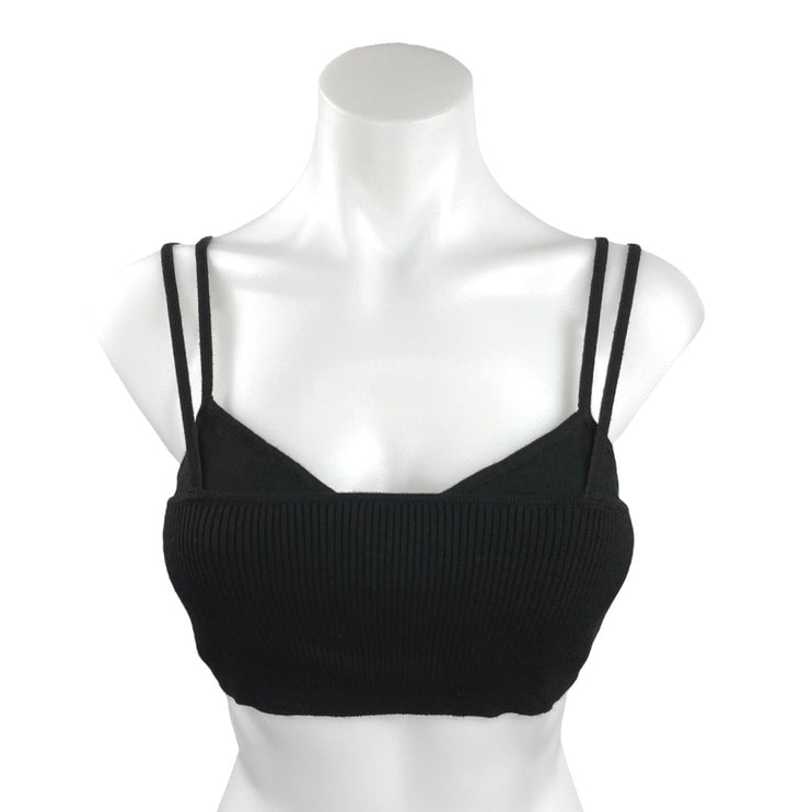 H:ours Black Ribbed Knit Sleeveless Duel Strap Stretch Chic Casual Crop Top Sz S