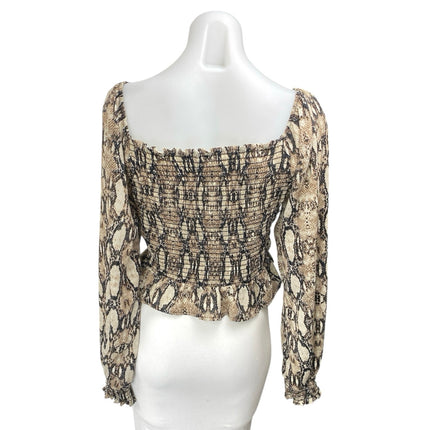 Sage The Label Beige Black Snakeskin Long Sleeve Smocked Blouse Crop Top Size M