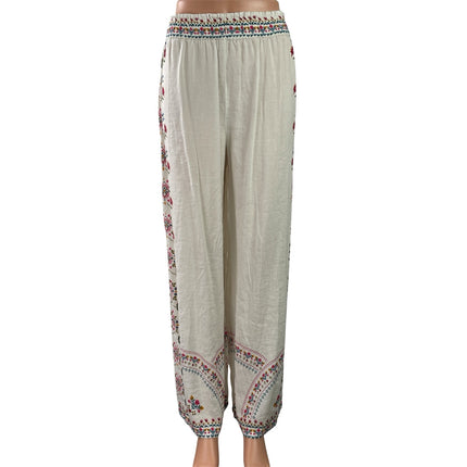 Natural Life Women's White Floral Embroidered Wide Leg Palazzo Trousers Pants M