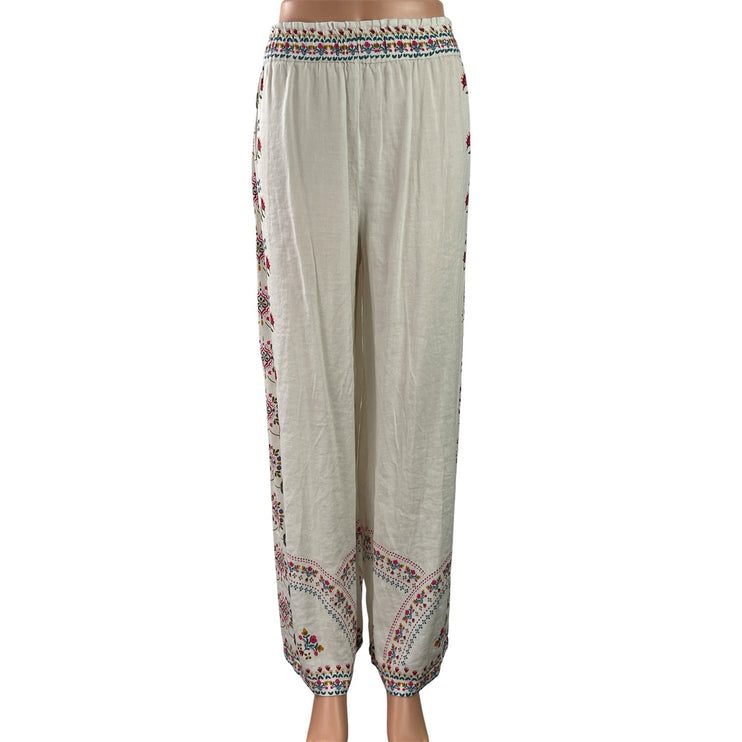 Natural Life Women's White Floral Embroidered Wide Leg Palazzo Trousers Pants M