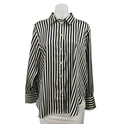 H&M Women's Black White Striped Collar Long Sleeve Button Down Tunic Shirt Top L