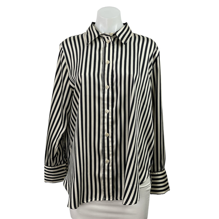 H&M Women's Black White Striped Collar Long Sleeve Button Down Tunic Shirt Top L