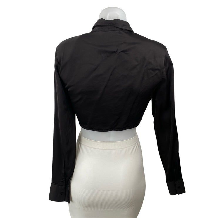 Zara Women's Black Long Sleeve Tie Hem V Neck Cropped Button Up Shirt Top Size M