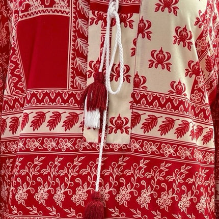 Eloquii Red Long Sleeve Tassel Patchwork Floral Boho Pleated Mini Dress Size 16