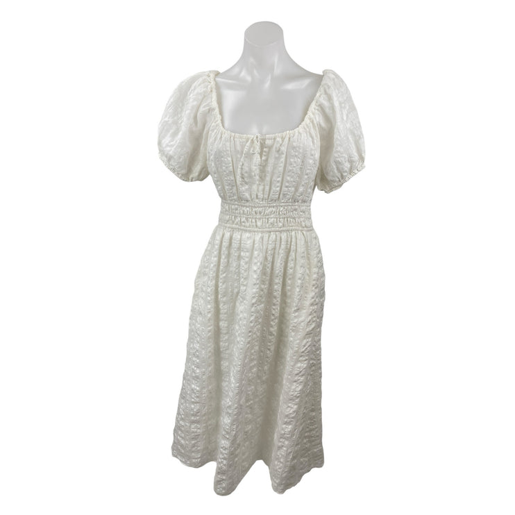 Madewell Sophia White Short Puff Sleeve Seersucker Check A Line Midi Dress Sz M