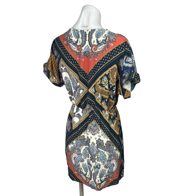 H&M Multicolor Handkerchief Scarf Paisley Tie V-Neck Short Sleeve Mini Dress 2