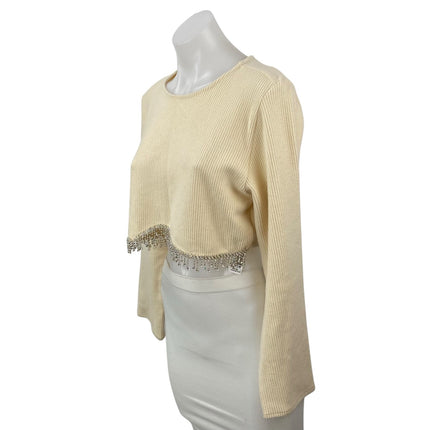 Zara Women's Cream Ribbed Knit Silver Fringe Long Sleeve Sweater Crop Top Size M