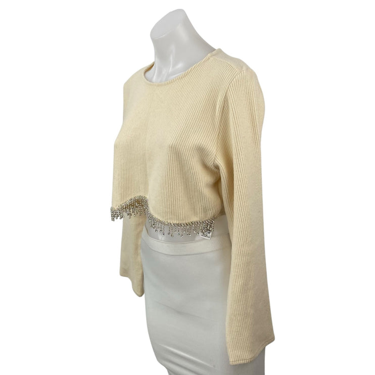 Zara Women's Cream Ribbed Knit Silver Fringe Long Sleeve Sweater Crop Top Size M