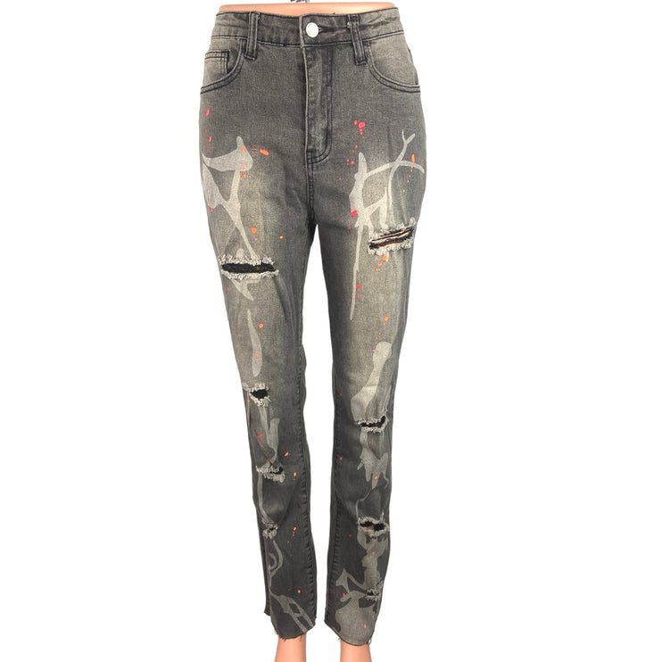 Shein Black Washed Cotton Paint Splatter Distressed Straight Leg Jeans Size 27