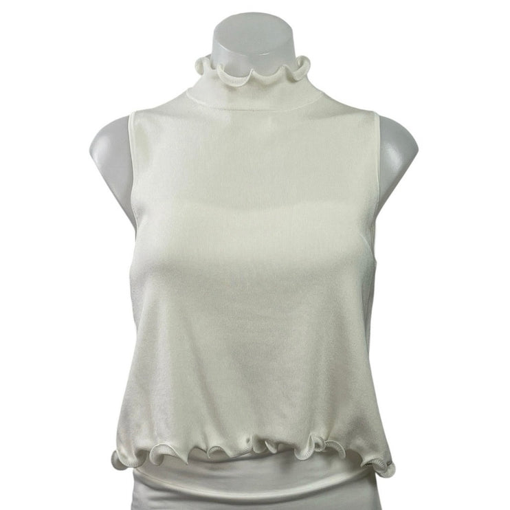 Zara Women's Ivory White Lettuce Sleeveless Mock Neck Knit Tank Crop Top Size S