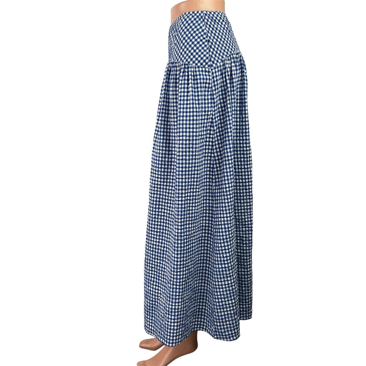 Uniqlo Womens Blue White Checkered Plaid Seersucker Volume Maxi A-Line Skirt S