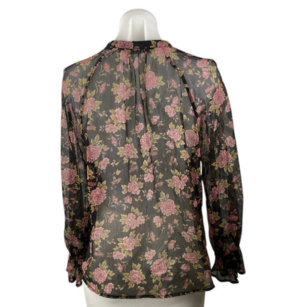 Zara Women's Floral Sheer Mesh Long Sleeve Ruffle V Neck Shirt Blouse Top Size S