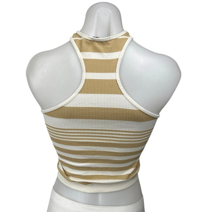 Stradivarius Gold White Striped Sleeveless Racerback Rib Knit Tank Crop Top XS