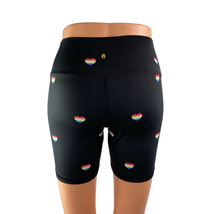 Spritual Gangster Black Rainbow Hearts High Rise Yoga Athletic Biker Shorts Sz S
