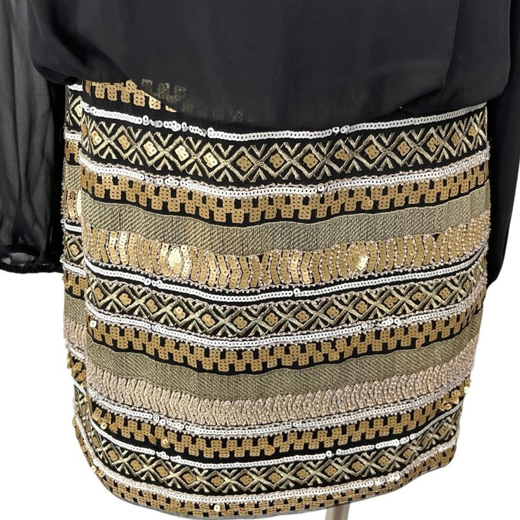 Aidan Mattox Black Sequin Metallic Long Sleeve Cold Shoulder Mini Pencil Dress 8