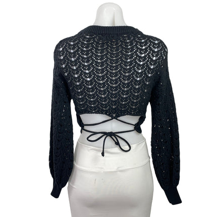 Balboa Women's Black Crochet Knit Sheer Long Sleeve Tie Back Crop Top Size M