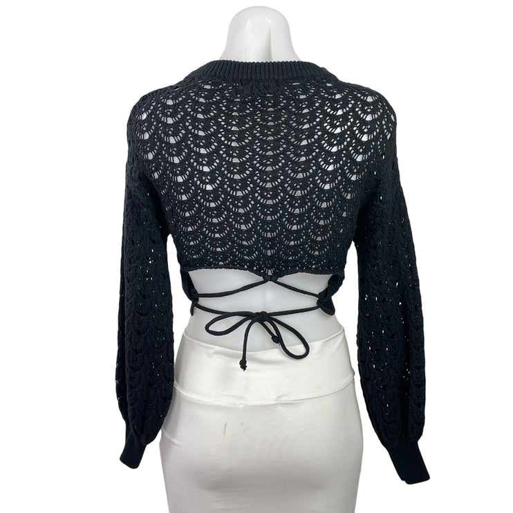 Balboa Women's Black Crochet Knit Sheer Long Sleeve Tie Back Crop Top Size M