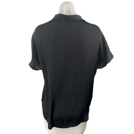 Naked Zebra Womens Black Short Cap Sleeve Pleated V Neck Shirt Blouse Top Size S