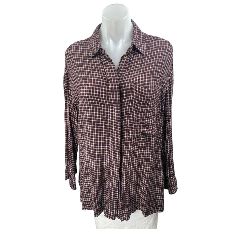 Urban Outfitters BDG Brown Checkered Plaid Long Sleeve Button Down Shirt Top S