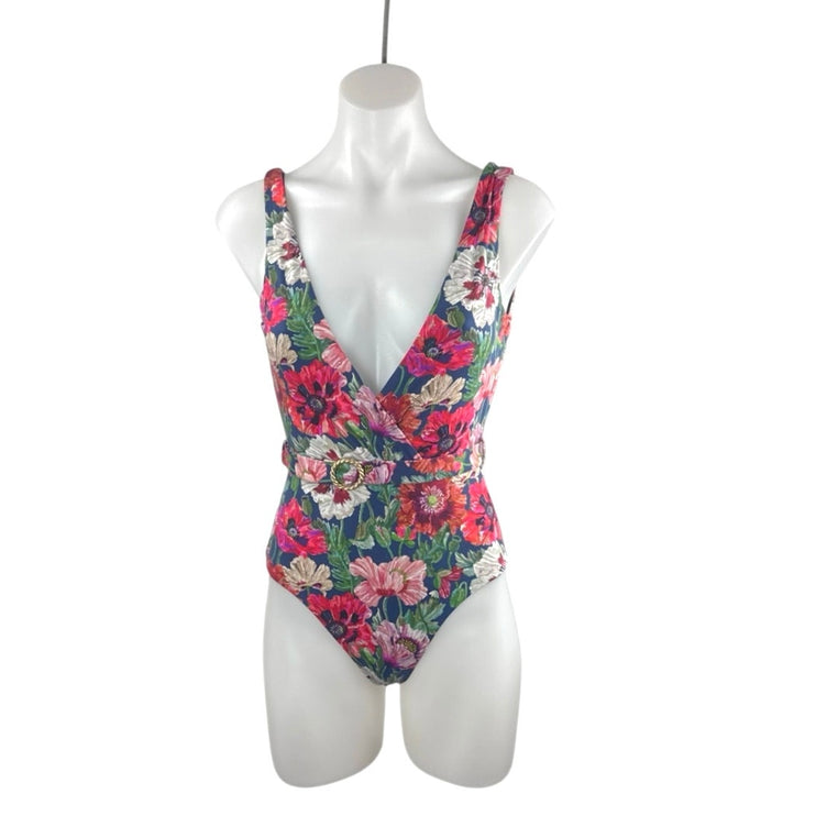 Onia Michelle Floral VNeck Sleeveless One Piece Belted Tank Swimsuit Swimwear XS