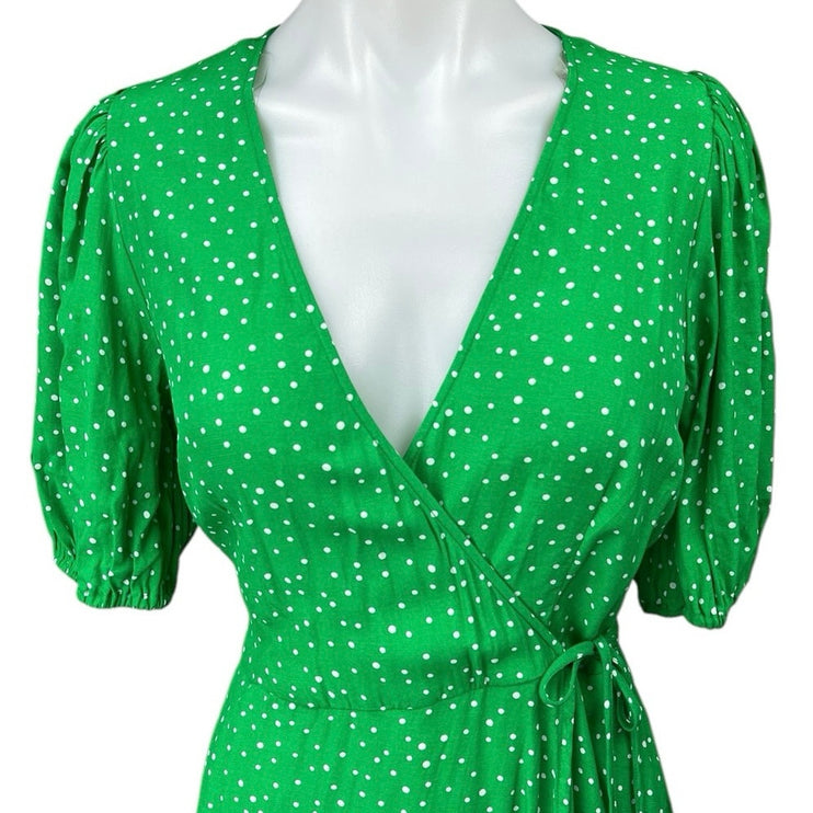 A New Day Green White Polka Dot Half Sleeve V Neck A Line Mini Wrap Dress Size S