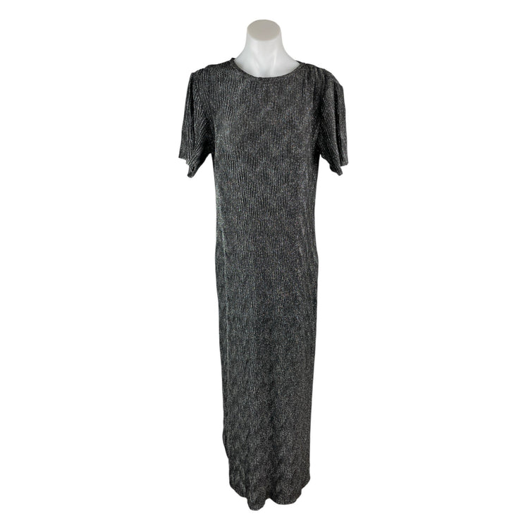 MNG Mango Womens Black Glitter Metallic Textured Short Sleeve Maxi Shift Dress 4