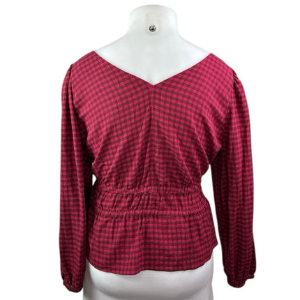Madewell Red Long Sleeve Plaid Crinkle V Neck Tie Peplum Blouse Top Size XL