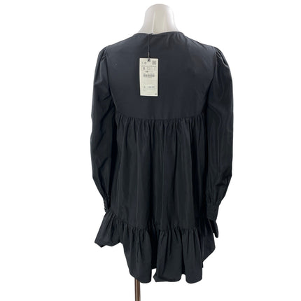 NEW Zara Black Taffeta Style Long Puff Sleeve Front Tie Bow Ruffles Mini Dress S