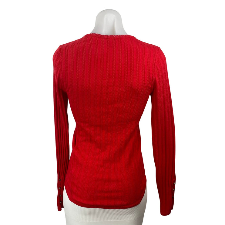 Free People We The Free Red Ribbed Knit Long Sleeve Henley V Neck Blouse Top M