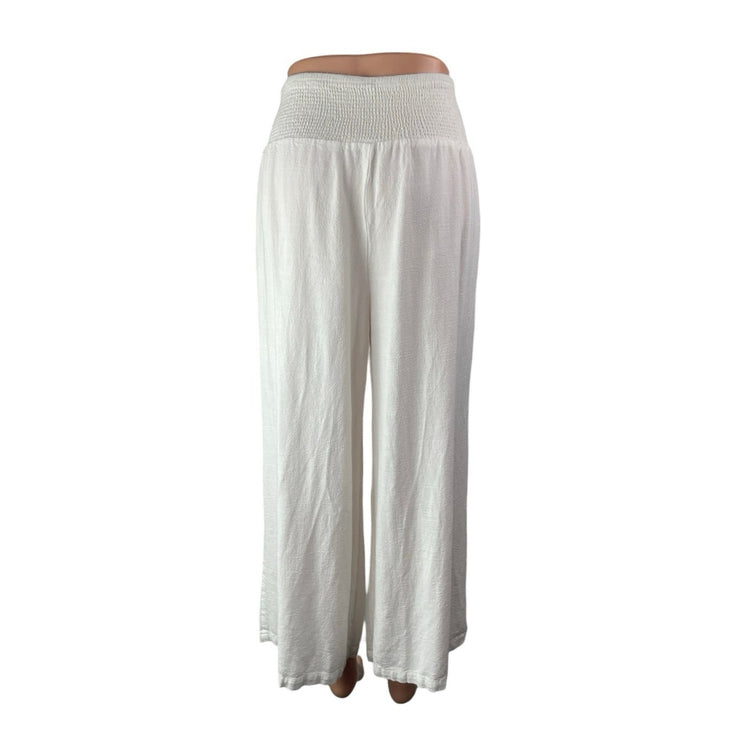 Women's White Smocked High Waisted Boho Wide Leg Baggy Trousers Pants Size L