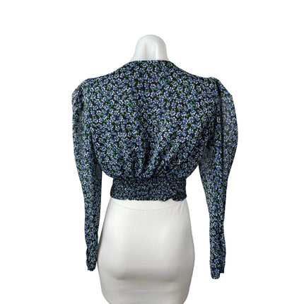 Zara Women's Blue Floral Long Puff Sleeve V Neck Faux Wrap Cropped Blouse Top XS