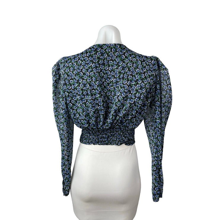 Zara Women's Blue Floral Long Puff Sleeve V Neck Faux Wrap Cropped Blouse Top XS