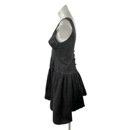 Warehouse Black Floral Embroidery Sleeveless Open Back Denim Fit & Flare Dress M