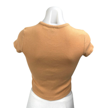 Anthropologie Maeve Tan Ribbed Knit Short Sleeve Crop T Shirt Tee Top Size S