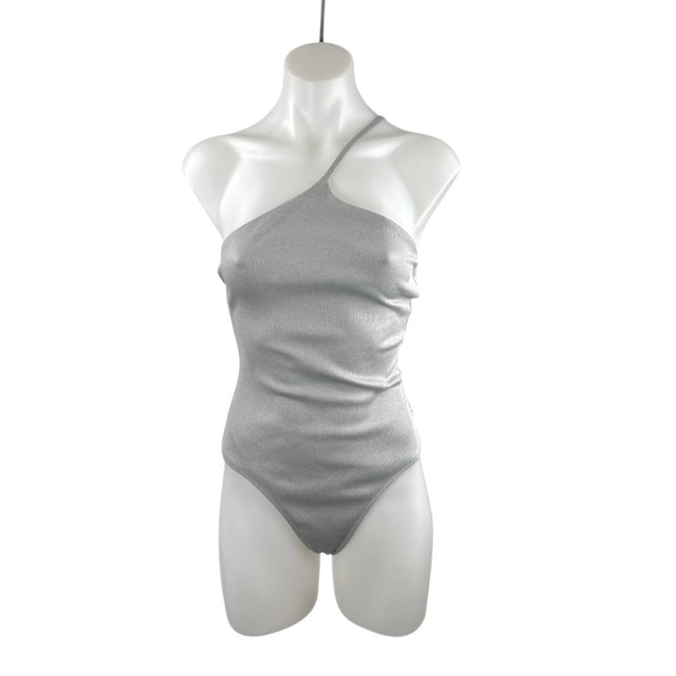 Alo Yoga Alosoft Ribbed Shimmer Pliet Bodysuit Asymmetrical Swimsuit Swimwear S