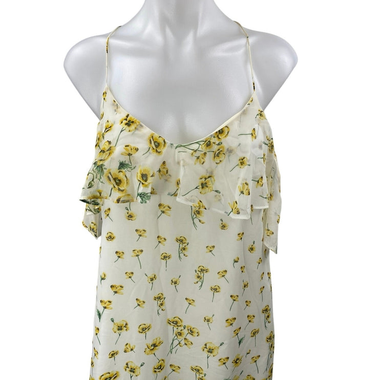 Zara White Yellow Cold Shoulder Floral Scoop Neck Cami Cross Back Midi Dress S
