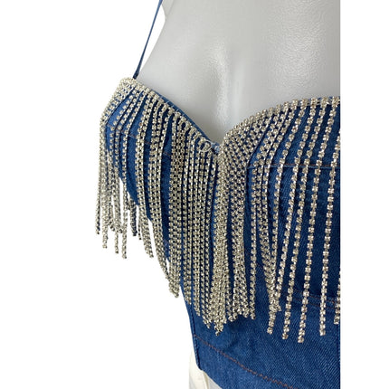 Women's Blue Fringe Rhinestone Corset Bustier Sleeveless Denim Crop Top Size 8